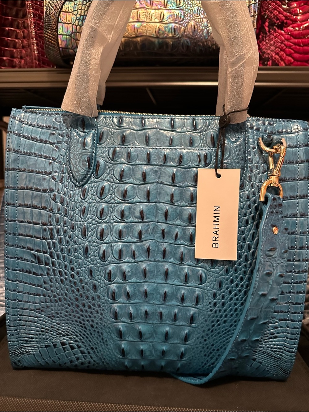 Sale Today! Brahmin Vibrant Azure Large Caroline Teal Leather Tote - Picture 6 of 13